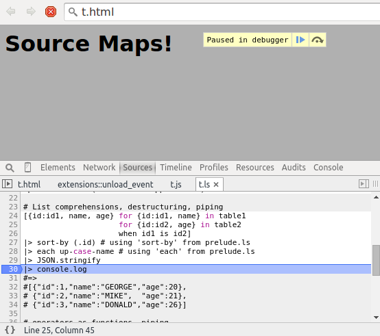 screenshot of source maps in action